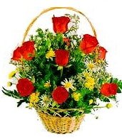 9 adet gül ve sepette kır çiçekleri Ankara internetten çiçek satışı